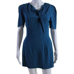 RM Womes Wrinkled Neck Short Sleeves Mini Sheath Dress Teal Blue Size 8